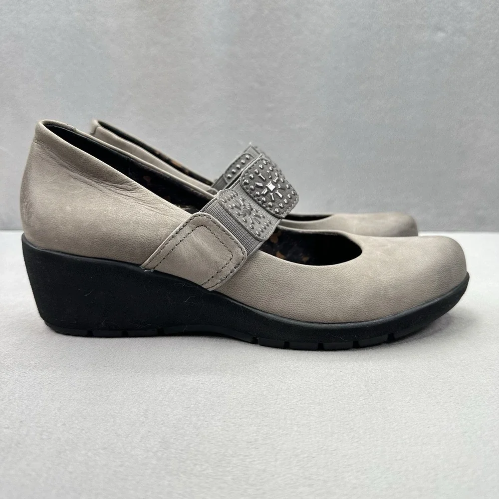Womens 7.5-8 Aetrex Mia Mary Jane Gray Leather Wedge Arch Support Comfort Shoe‎